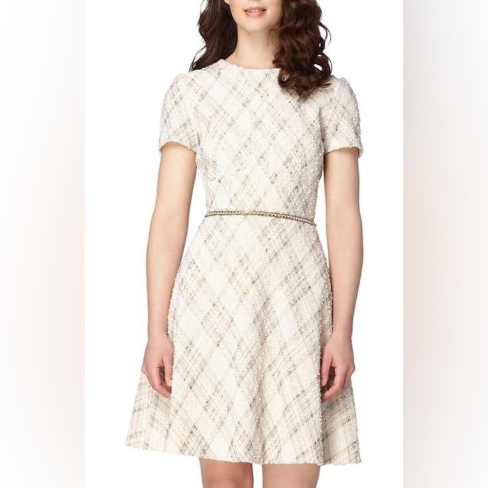 TAHARI ASL Sequin Tweed Pearl Chain Belted Fit & Flare Dress. 4P. NWT.